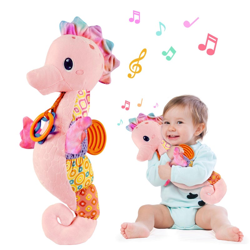 Fuzqq Baby Girl Toys 0-6 Months Musical Stuffed Animal Plush Toy with Rattle Soft Newborn Toy for 0 3 6 9 12 Months Girls Baby Girl Gift Pink - Image 1